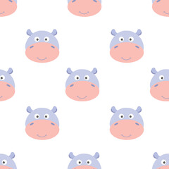 Funny design smile hippo cartoon seamless pattern for background and wallpaper. Adorable endless heads hippopotamus for a baby fashion, fabric, nursery design. Vector.