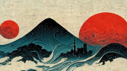 Modern, retro, traditional and classic Japanese Ukiyo-e style design elements in the style of Katsushika Hokusai with blue mountains, waves and sunrise, Japanese paper texture generated by Ai