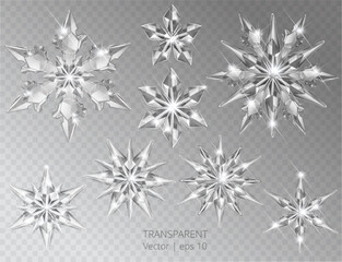 Naklejka na ściany i meble Collection of vector realistic transparent Christmas snowflake decoration on a light abstract background. Glass sparkling translucent crystals