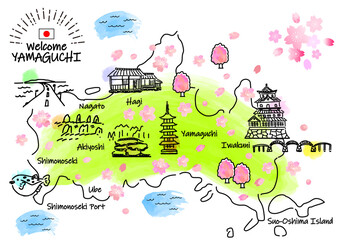 春の山口県の観光地のシンプル線画イラストマップ