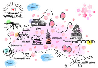 春の山口県の観光地のシンプル線画イラストマップ