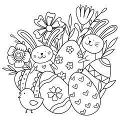 Easter Coloring. Vector illustration with rabbit, eggs, and flowers isolated on a white background. 
