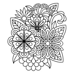 Floral composition for coloring book. Vector illustration with floral and abstract elements isolated on a white background. 