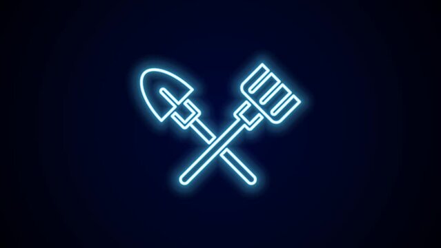Glowing neon line Shovel and rake icon isolated on black background. Tool for horticulture, agriculture, gardening, farming. Ground cultivator. 4K Video motion graphic animation