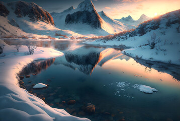 Fototapeta na wymiar Reflection of the mountains in the Winter Lake