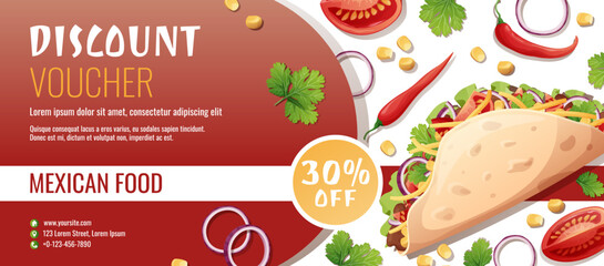 Discount voucher, mexican food template design. Coupon with tacos with pepper meat, cheese. Banner, poster, flyer, advertising for a restaurant