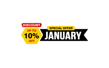 10 Percent JANUARY discount offer, clearance, promotion banner layout with sticker style.