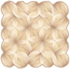 Rectangular straw rug, mat, doormat, carpet with oval grunge striped intersecting elements in beige, yellow, brown colors with wavy zigzag fringe isolated on white