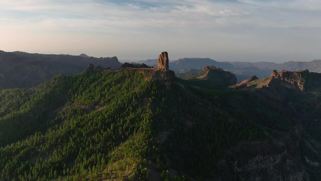 Aerial drone view of the roque nublo. volcanic landscape of Gran Canaria, Canary Islands Spain