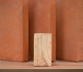 empty beige wood podium on tabletop with brown brick block wall background with space.organic healthy natural cosmetic product present show promotion stand display backdrop design.