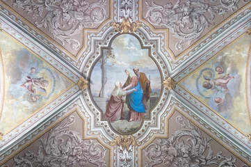 Poster DOMODOSSOLA, ITALY - JULY 19, 2022: The neo-baroque fresco of Visitation on the ceiling of church Santuario Madonna della Neve by unknown artist. © Renáta Sedmáková