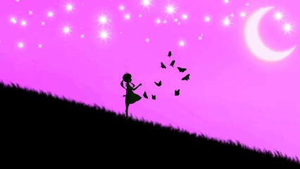 alone anime girl playing with butterflies
