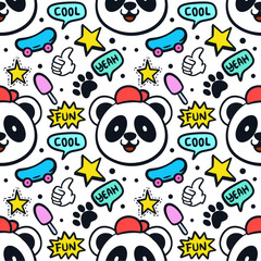 Hand drawn funny panda, skateboard and other cute various objects doodle illustration seamless pattern
