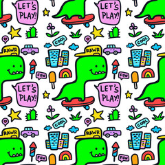 Doodle little dinosaur riding skateboard with various city objects doodle illustration seamless pattern