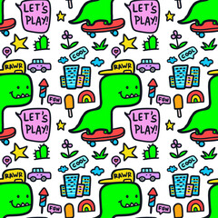 Naklejka premium Doodle little dinosaur riding skateboard with various city objects doodle illustration seamless pattern