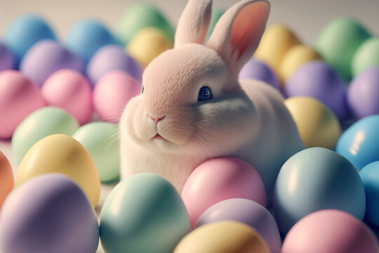 Cute bunny pastel colored Easter eggs. 3d rendering