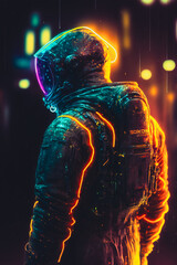 A man in a protective suit on the background of a neon city. Generative AI