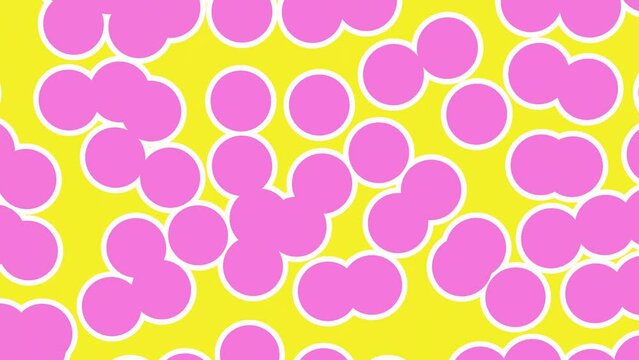 Seamless  background for loop playback. Abstract movement of pink circles on a yellow background. Chaotic movement, flat animation. 3D render.
