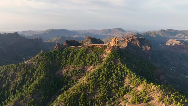 Aerial drone view of the roque nublo. volcanic landscape of Gran Canaria, Canary Islands Spain