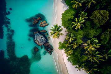 A vibrant aerial view of tropical beach with palm trees and turquoise water image created with Generative AI technology.