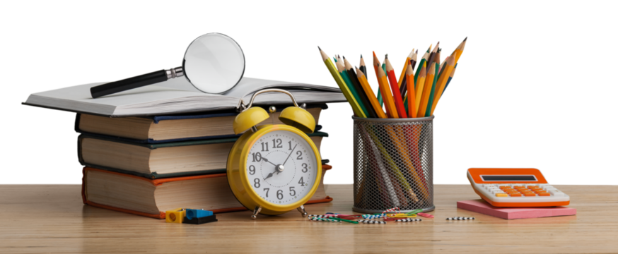Stacked books with colorful pencils on the desk - Powered by Adobe