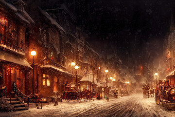 Fototapeta na wymiar Snowy street with Christmas trees and lights. 