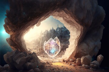 Fantasy Clear quartz cave, crystal, quartz, old geology. Quartz cavern. Digital illustration. Generative AI - obrazy, fototapety, plakaty