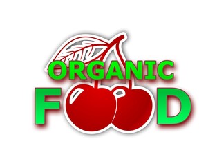 Organic Food label , with cherry illustration, isolated on white background