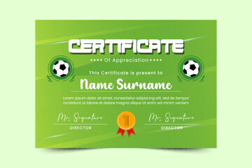 Football tournament, sport event certificate design template. Field and ball feel design with a cool look