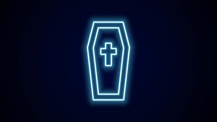 Glowing neon line Coffin with christian cross icon isolated on black background. Happy Halloween party. 4K Video motion graphic animation