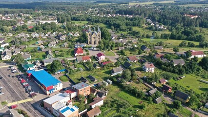 Rakov city, Minsk region, Belarus - 31.08.2022: The city of Rakov in Belarus from a bird's eye view. Jewish town in Belarus. The main church in Rakov. Rakov from above. Landmarks of Rakow, Belarus.