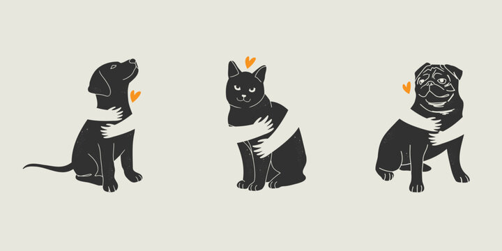 domestic cat and dog simple minimal silhouette. human hands hugging animal. logo icon infographic for veterinary, pet shelter, pet adoption and animal charity