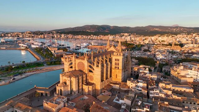 Aerial view of Palma de Mallorca cityscape. Cathedral La Seu of Santa Maria Royal Palace of La Almudaina. Balearic Islands. Spain