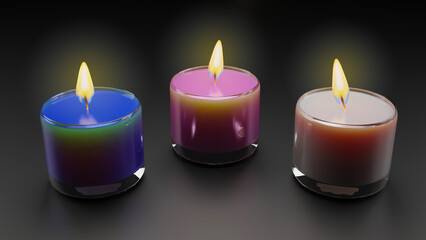 Fototapeta na wymiar Multi colored scented candles in a glass isolated on black background. Aromatic wax round spa candle with burning flame light. 3D rendering realistic candlelight element design.