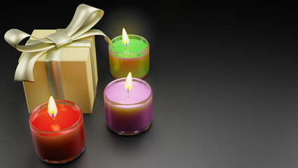 Multi colored scented candles in a glass  and gift boxes that look premium on black background. Aromatic wax round spa candle with burning flame light. 3D rendering realistic candlelight element desig
