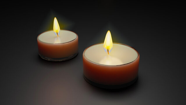 Candle with glass jar isolated on black background. Aromatic wax round spa candle with burning flame light. 3D rendering realistic candlelight element design.