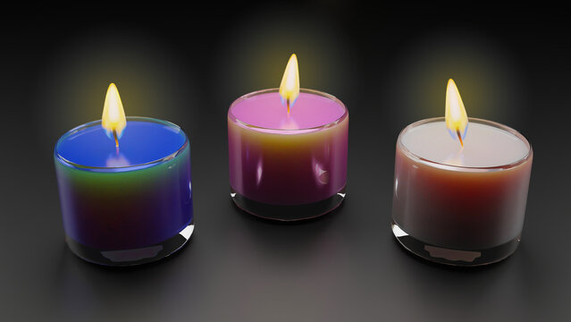 Multi colored scented candles in a glass isolated on black background. Aromatic wax round spa candle with burning flame light. 3D rendering realistic candlelight element design.