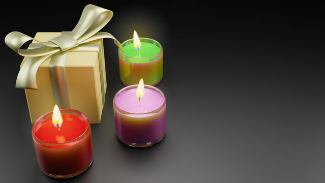 Multi colored scented candles in a glass  and gift boxes that look premium on black background. Aromatic wax round spa candle with burning flame light. 3D rendering realistic candlelight element desig