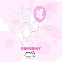 A postcard, an invitation to a birthday party with a pink bunny and a balloon and the number 4. Vector illustration