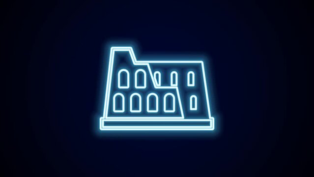 Glowing neon line Coliseum in Rome, Italy icon isolated on black background. Colosseum sign. Symbol of Ancient Rome, gladiator fights. 4K Video motion graphic animation