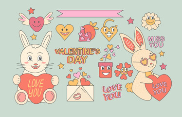 Groovy heart rabbit .   Valentine's day. Happy rabbit  character in trendy retro 60s 70s cartoon style. 