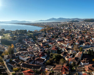 Greece, Ioannina Pamvotida Lake, Epirus. Aerial drone view of Giannena city