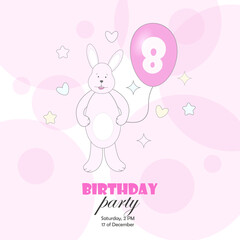 A postcard, an invitation to a birthday party with a pink bunny and a balloon and the number 8. Vector illustration