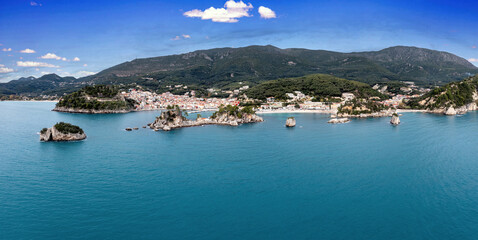 Greece Parga coast. Aerial drone view of city the Castle and Panagia island