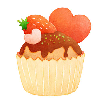 苺とハートのチョコのカップケーキ