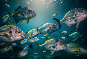 Obraz na płótnie Canvas Schwarm von Salzwasserfischen im Ozean mit Lichtstrahlen von oben