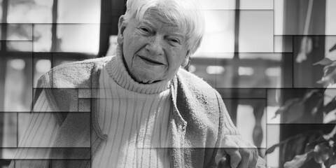 Portrait of a happy senior woman, geometric pattern