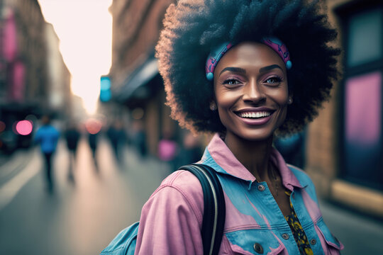 Generative AI illustration of cheerful black woman on street