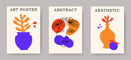 Vector set of abstract posters of trendy line art woman face with flower coral compositions. Aesthetic creative floral illustrations and art posters for print, cover