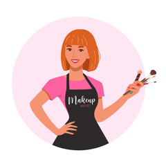 Beautiful makeup artist with red hairs holding proffesional brushes. Young woman make up stylist in apron with equipment for visage